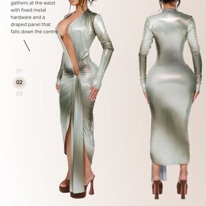 Metallic Sage Green Long Sleeve Draped Midi Dress